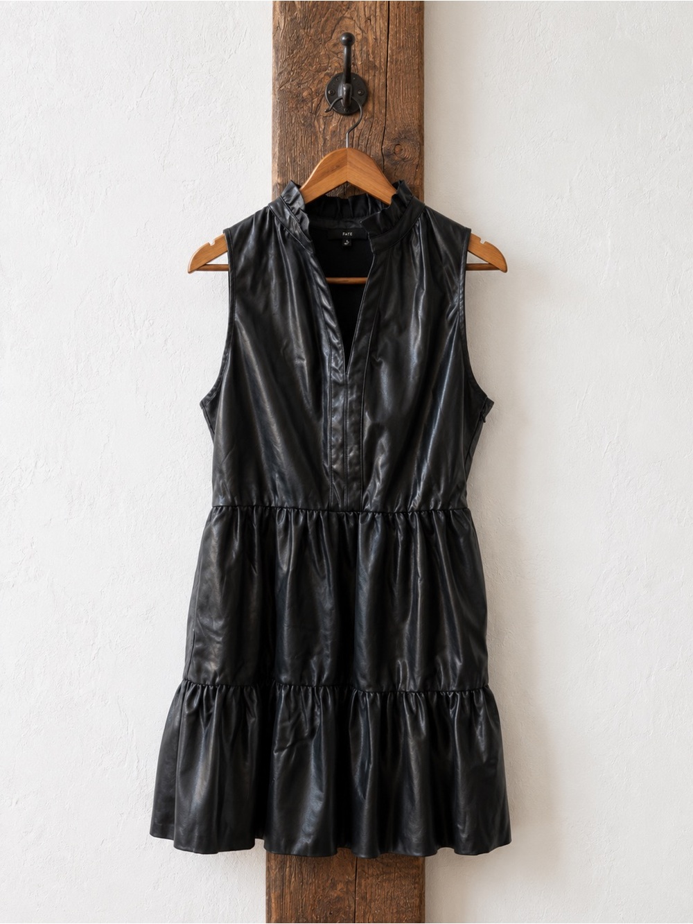 FATE Sleeveless Faux Leather Tiered Mini Dress - Black